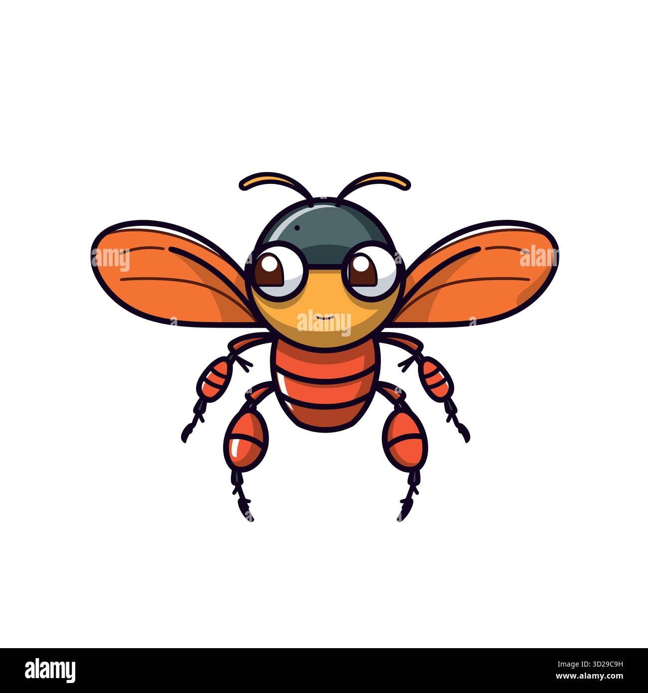 Cartoon flying insect with big eyes and orange wings on a white ...