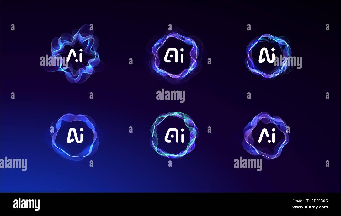 AI Cloud Circle Wave Logo Concept Set, Artificial Intelligence Abstract Icon. Automation Generate Technology, Computer Machine Learning Thinking Stock Vector