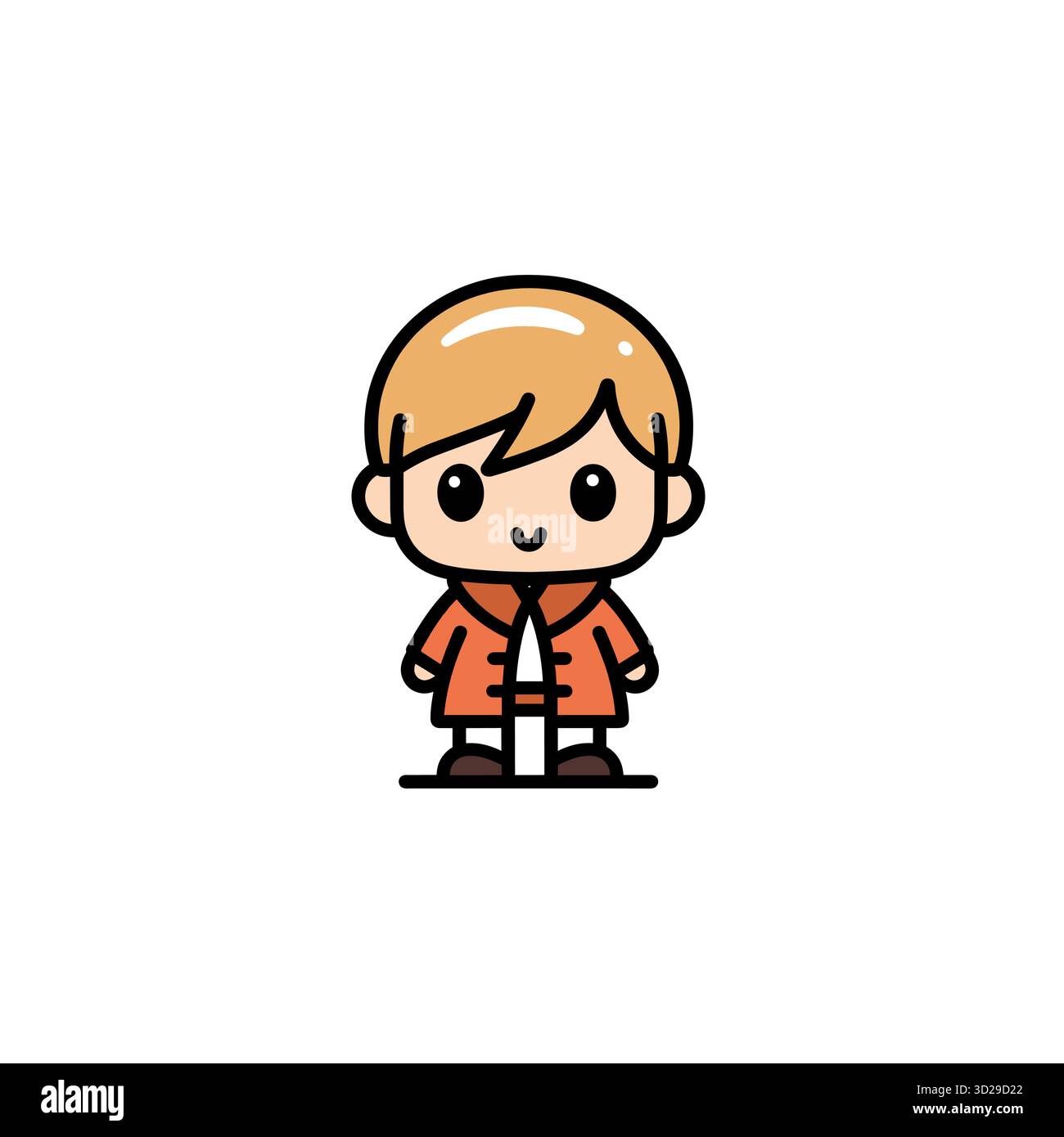 Cute cartoon boy stands wearing an orange jacket and smiling on a white ...