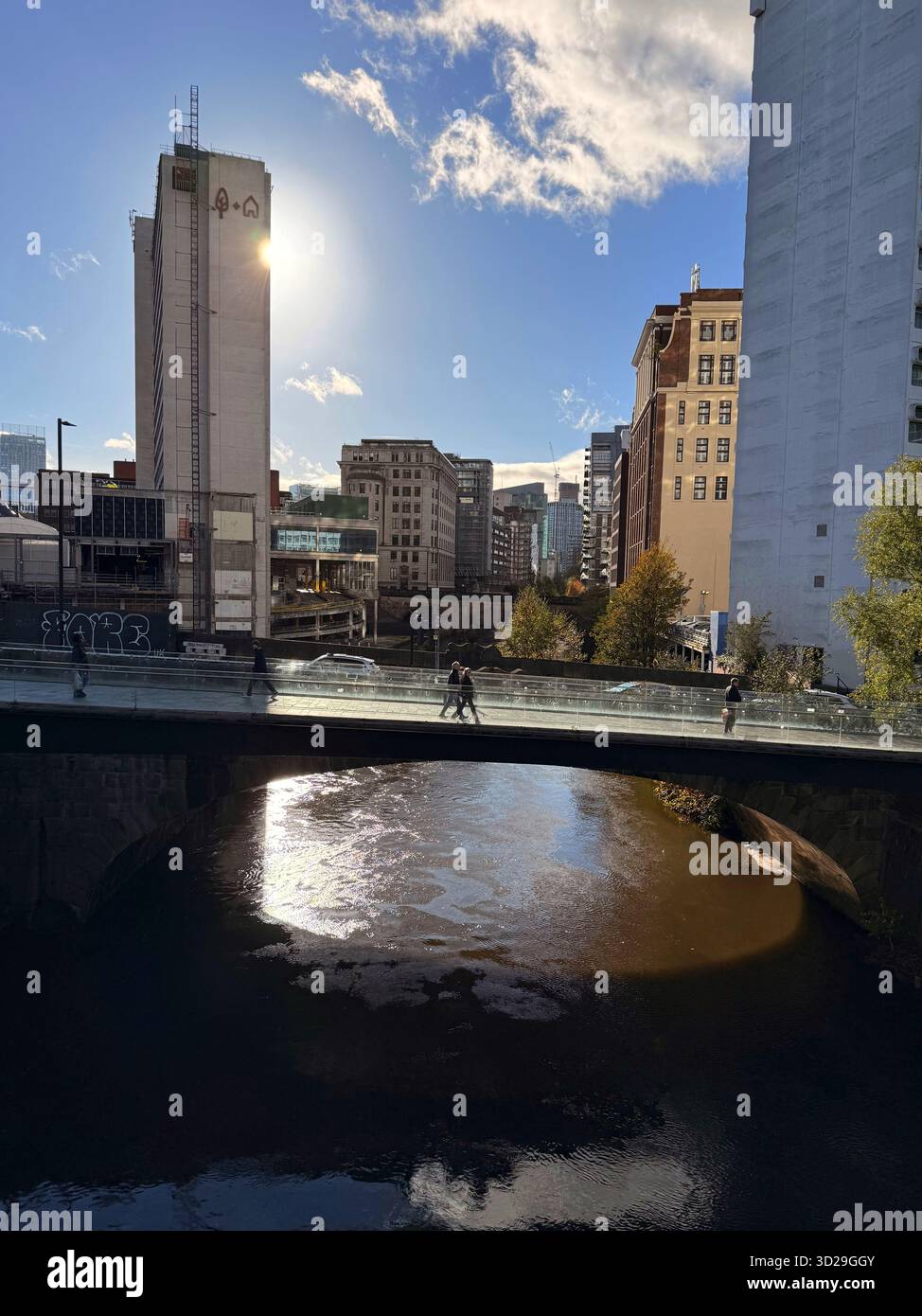 Manchester City centre. Footbridge over the River Irwell. - Smartphone Captured Stock Image