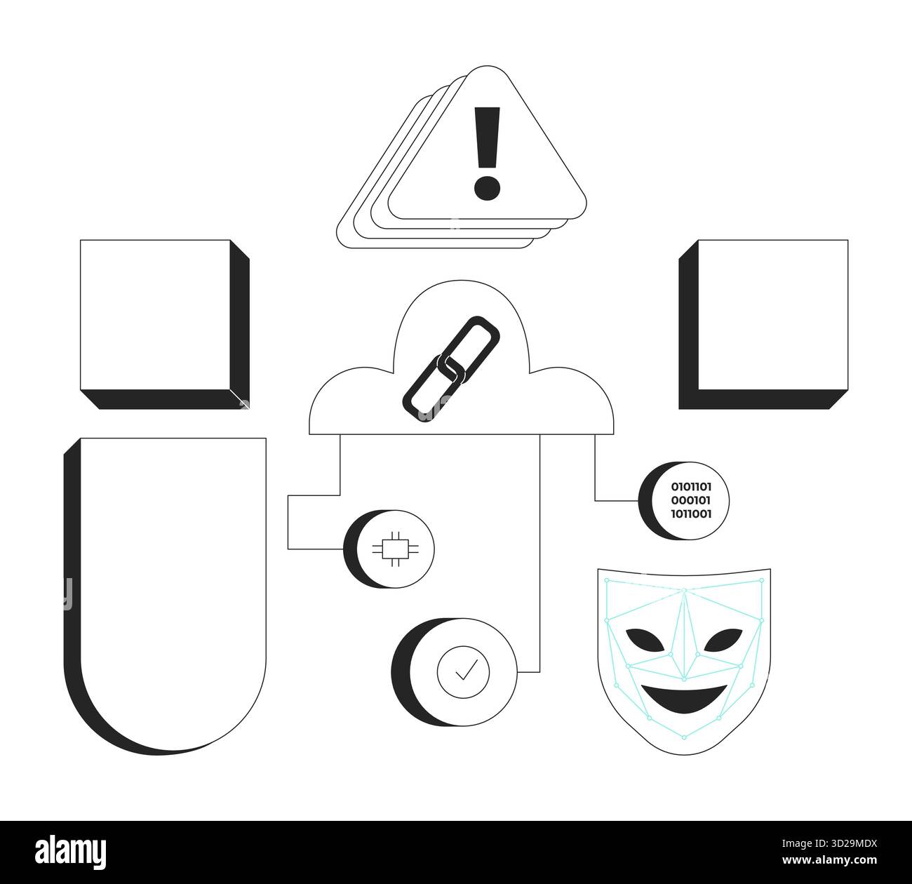 Cloud security system with alert and blank geometric shapes 2D line objects set Stock Vector