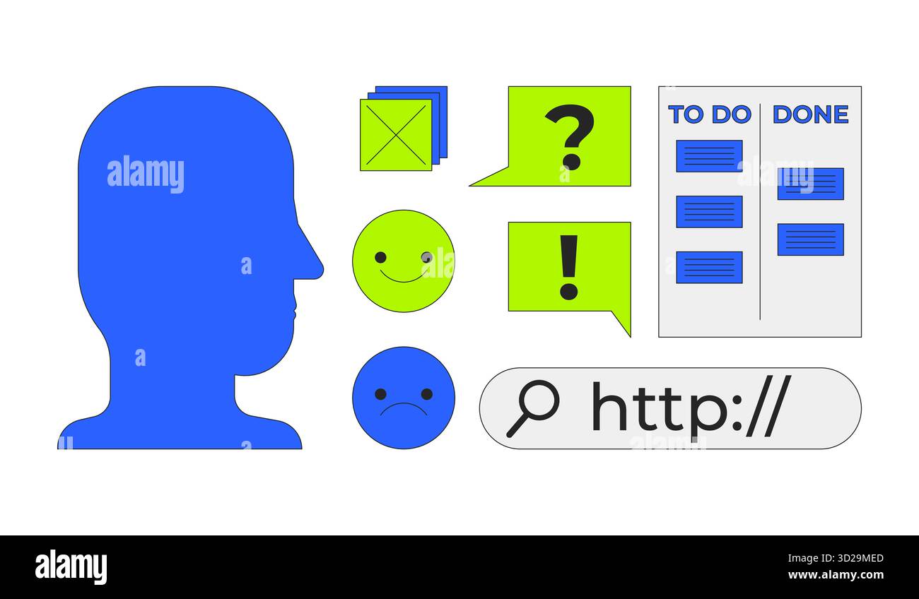 Head silhouette and digital interface ui elements 2D cartoon objects set Stock Vector