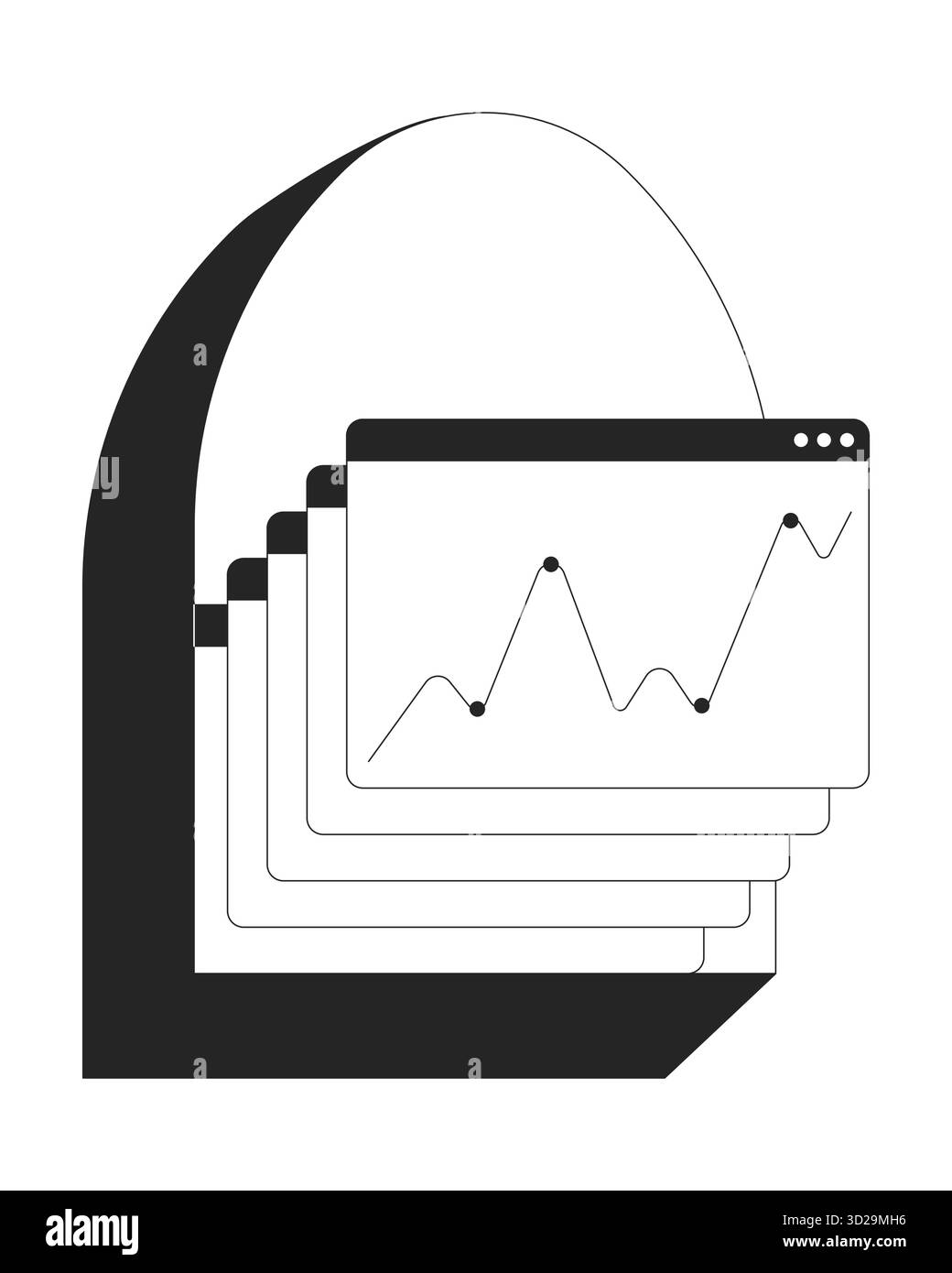 Stacked browser windows with line graph 2D line object Stock Vector