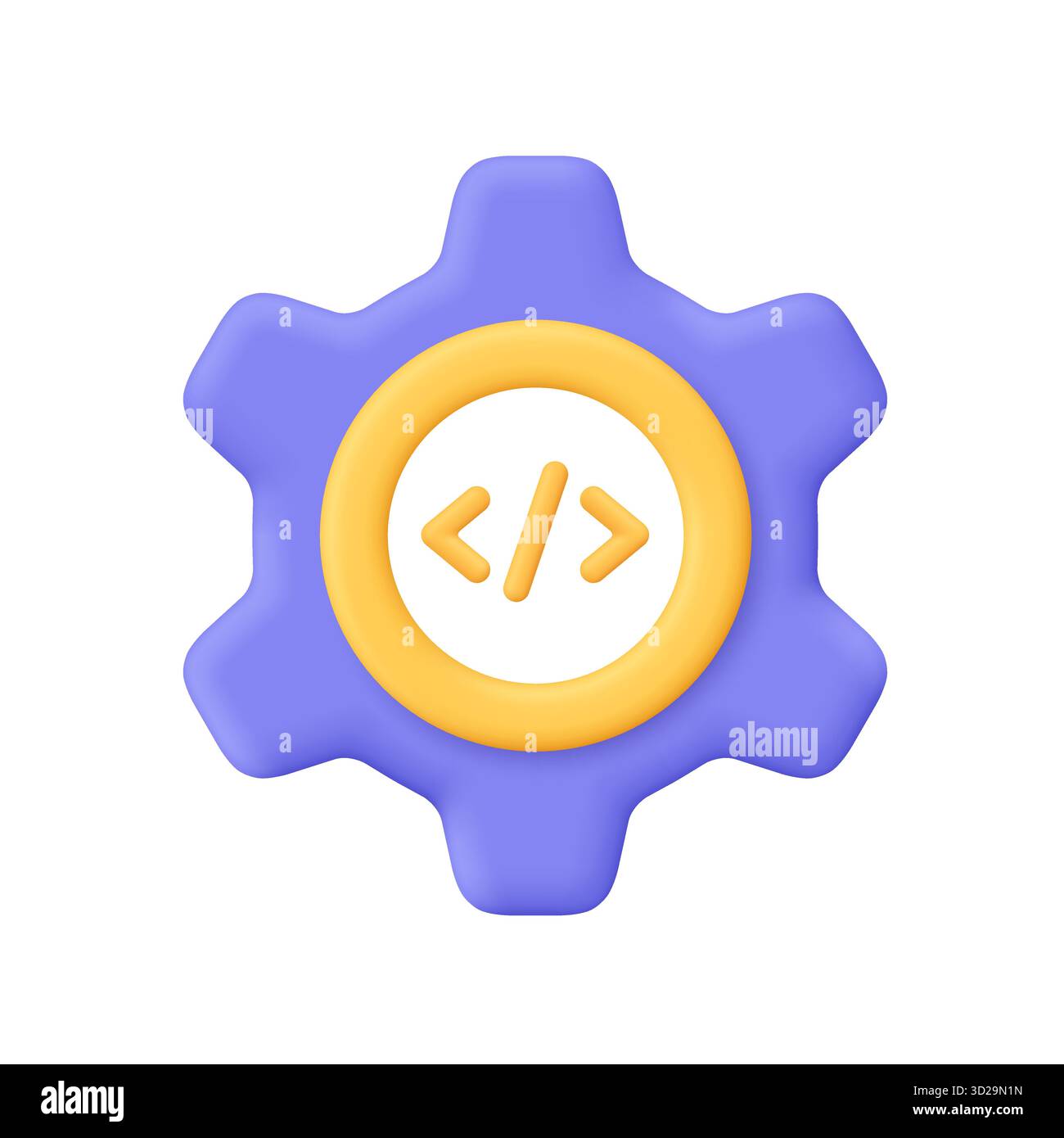 Purple gear with yellow coding symbol inside. Software development, programming, web design and technology settings concept. 3d vector icon. Cartoon m Stock Vector