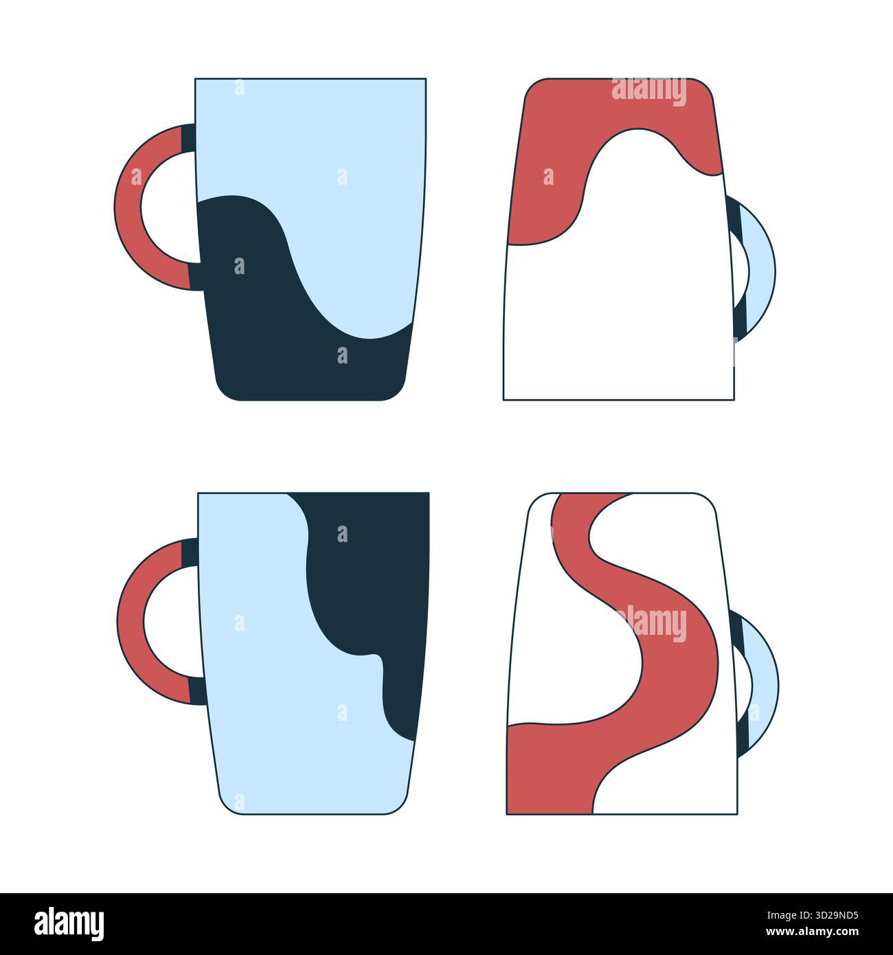 Artistic coffee mugs with abstract patterns 2D cartoon objects set Stock Vector
