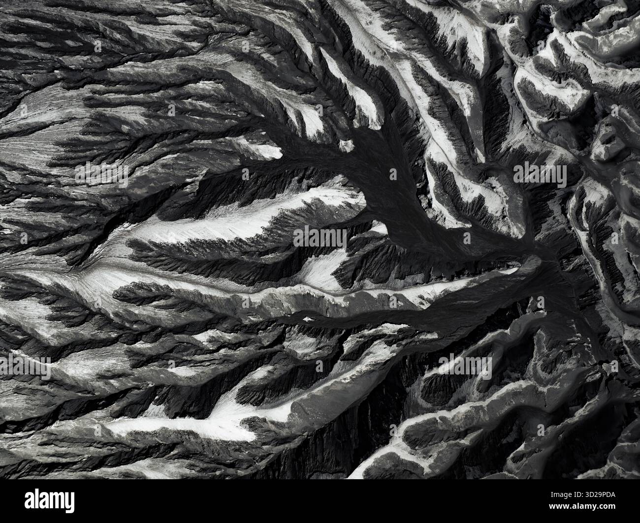 Aerial view of stark, branching patterns etched into the landscape ...