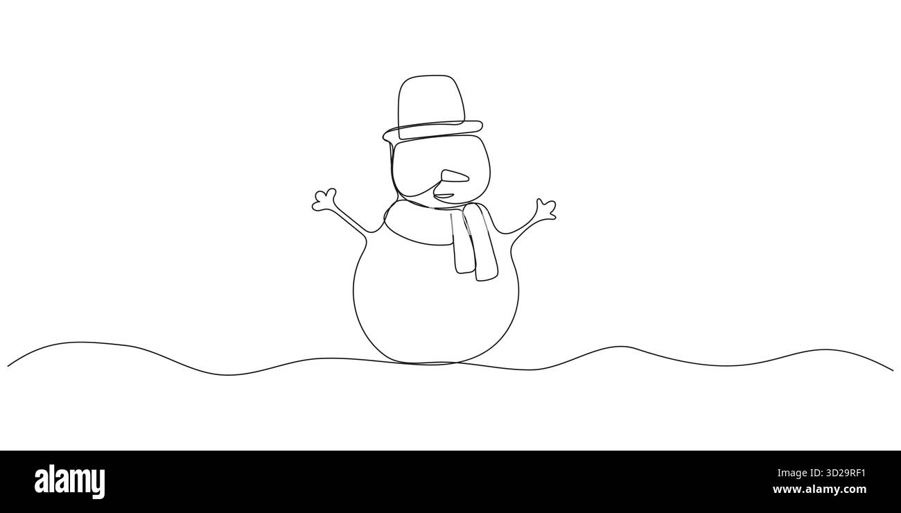 Continuous one line drawing of christmas Snowman in hat with scarf ...