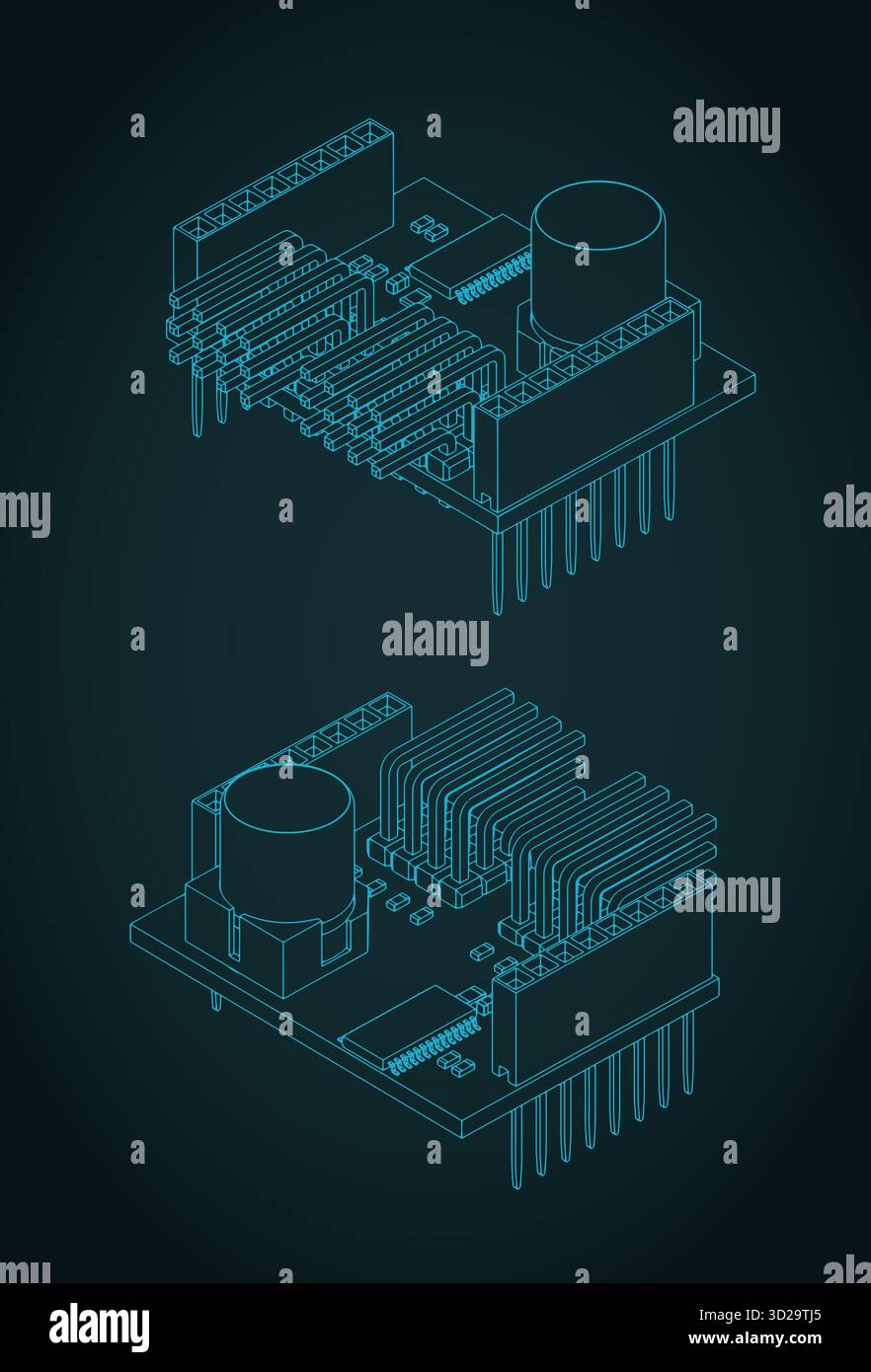 Servo shield isometric blueprints stylized vector illustrations Stock Vector