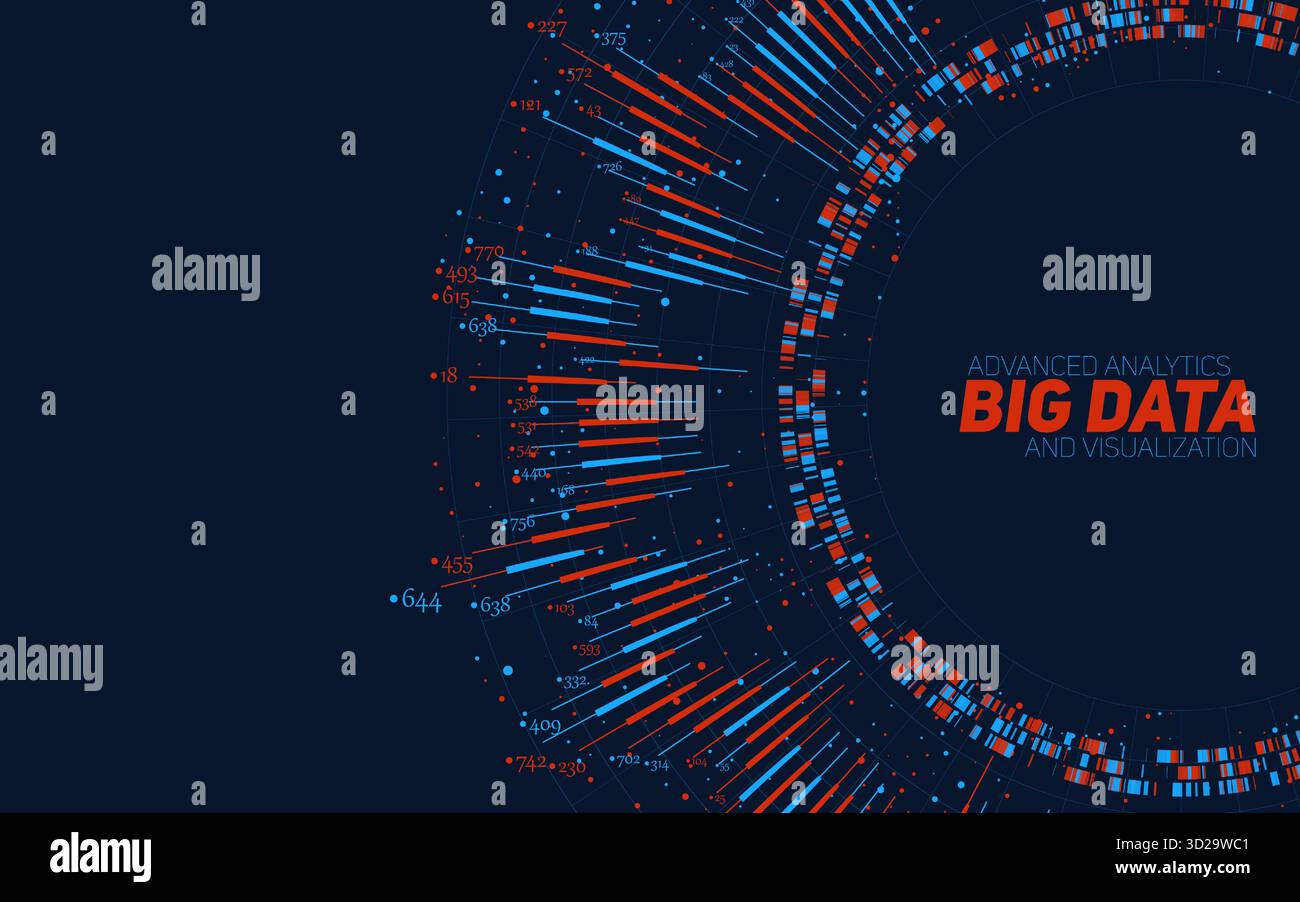 Vector abstract colorful round big data information visualization. Social network, financial analysis of complex databases. Visual information Stock Vector