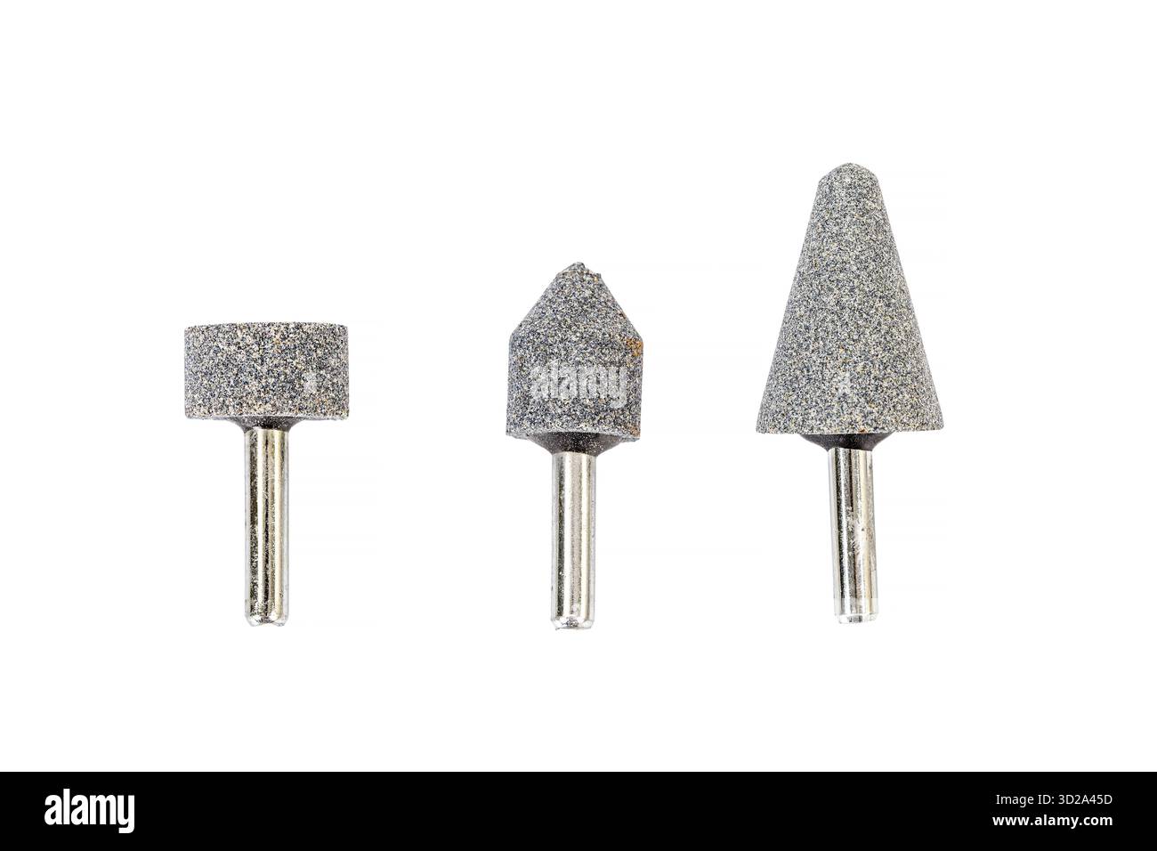Three mounted grinding stones with different shapes on white background, used for grinding, sharpening, and polishing metal or hard materials Stock Photo