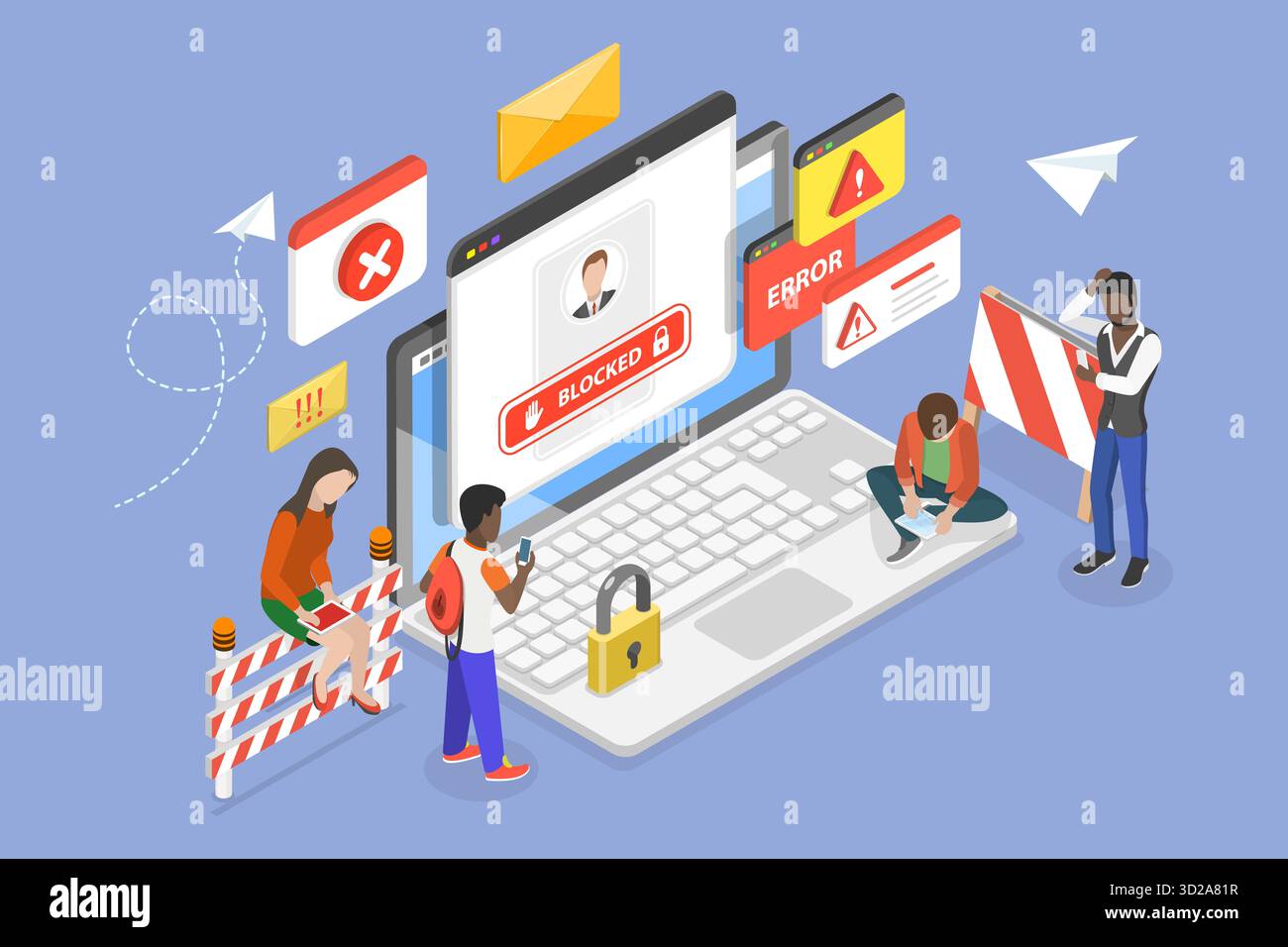3D Isometric Flat Conceptual Illustration of Blocked User Account ...