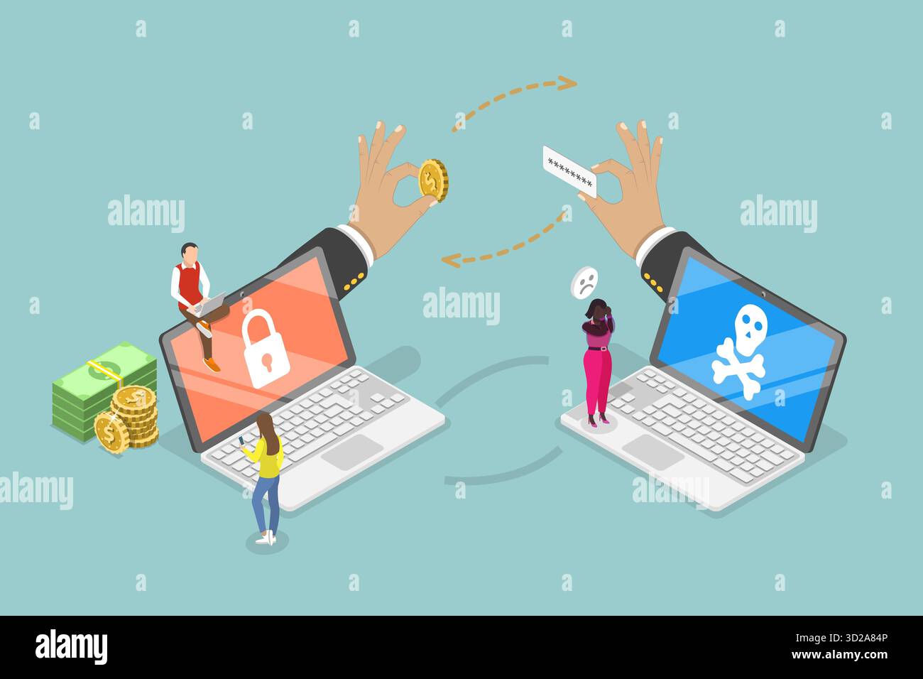 3D Isometric Flat Illustration of Ransomware Data Leaking, Cyber ...