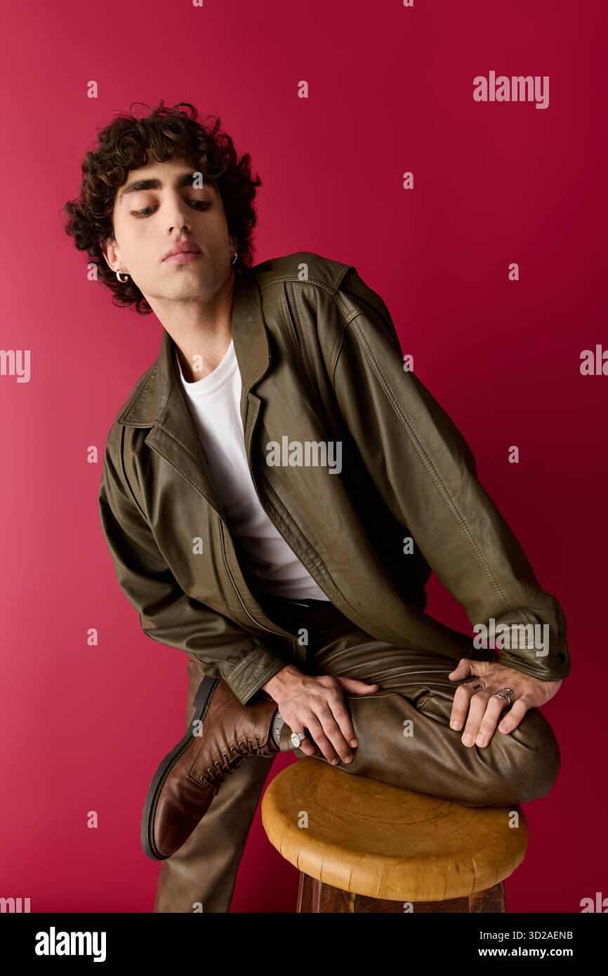 Stylish man in trendy clothing confidently poses on a stool, creating a ...