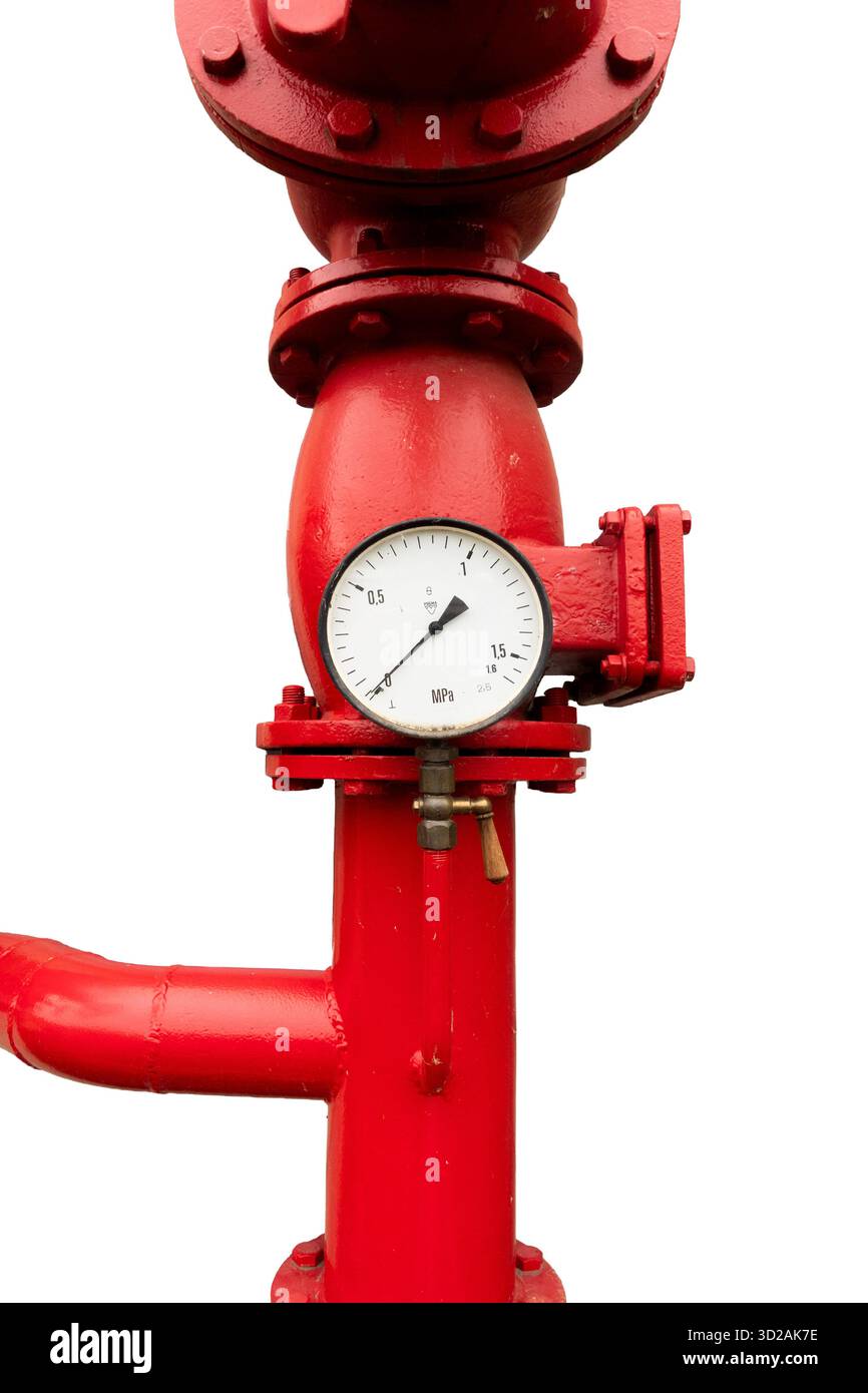 Industrial red pipe with pressure gauge measuring MPa, symbolizing engineering and mechanical system concept Stock Photo