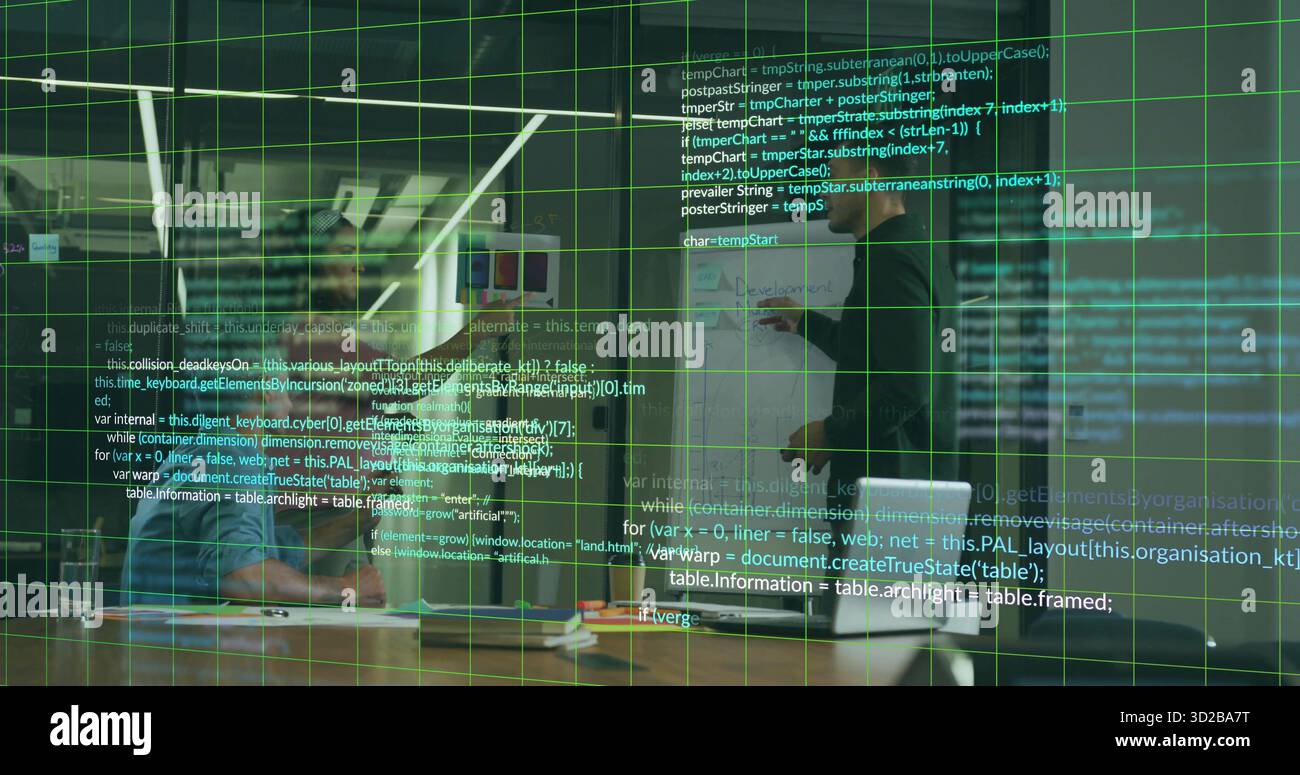Collaborating two developers discussing design in open office, with ...