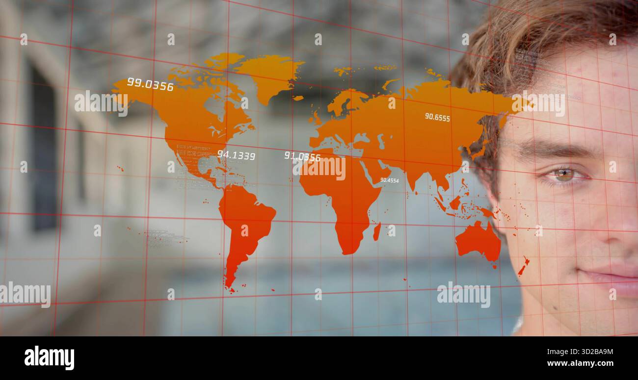 Executive analyzing world map overlay in office corridor, with red grid and data labels, copy space Stock Photo