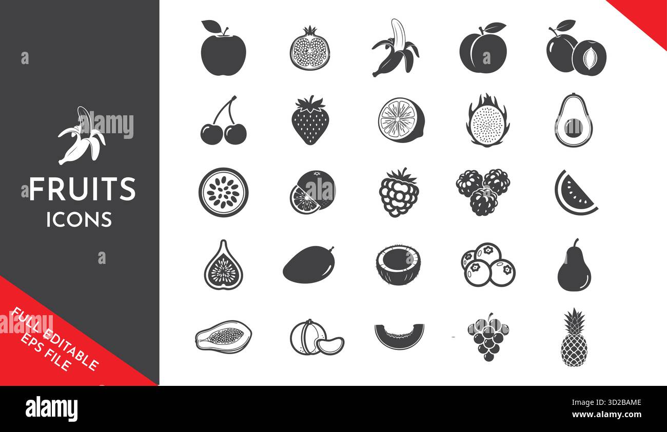 Diverse collection of fruit icons. Black and white silhouette design ...