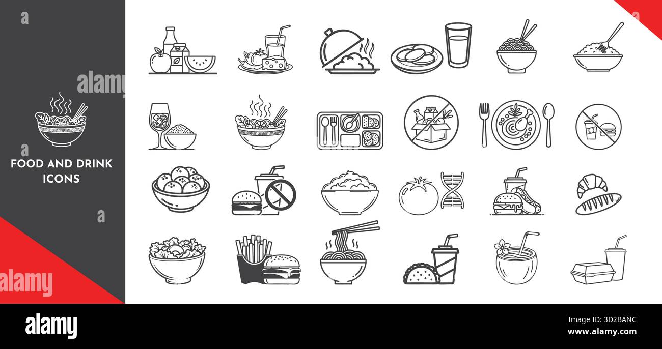 Collection outline food drink icons. Healthy eating, fresh fruits ...