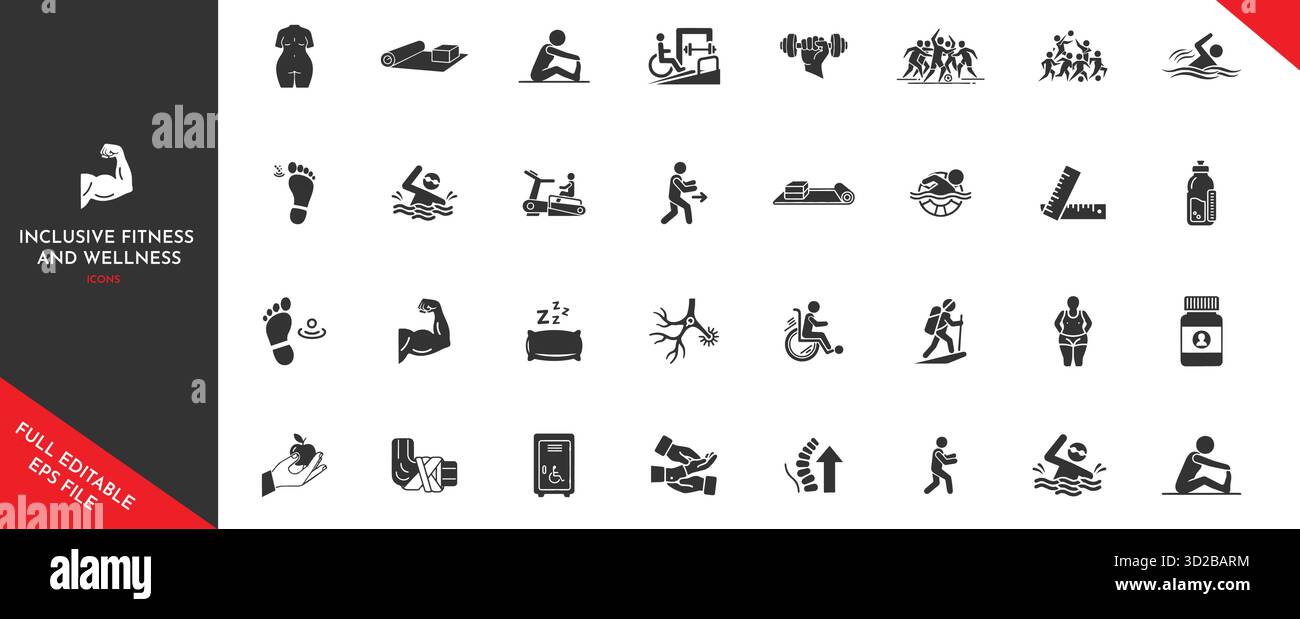 Inclusive fitness wellness icons. Diverse activities promotion health ...