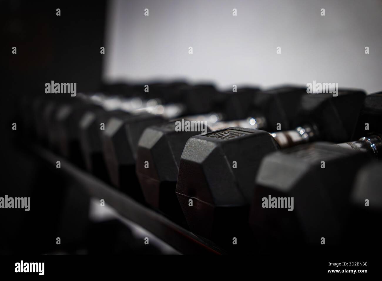 Row of hexagonal rubber dumbbells on rack in modern gym Stock Photo
