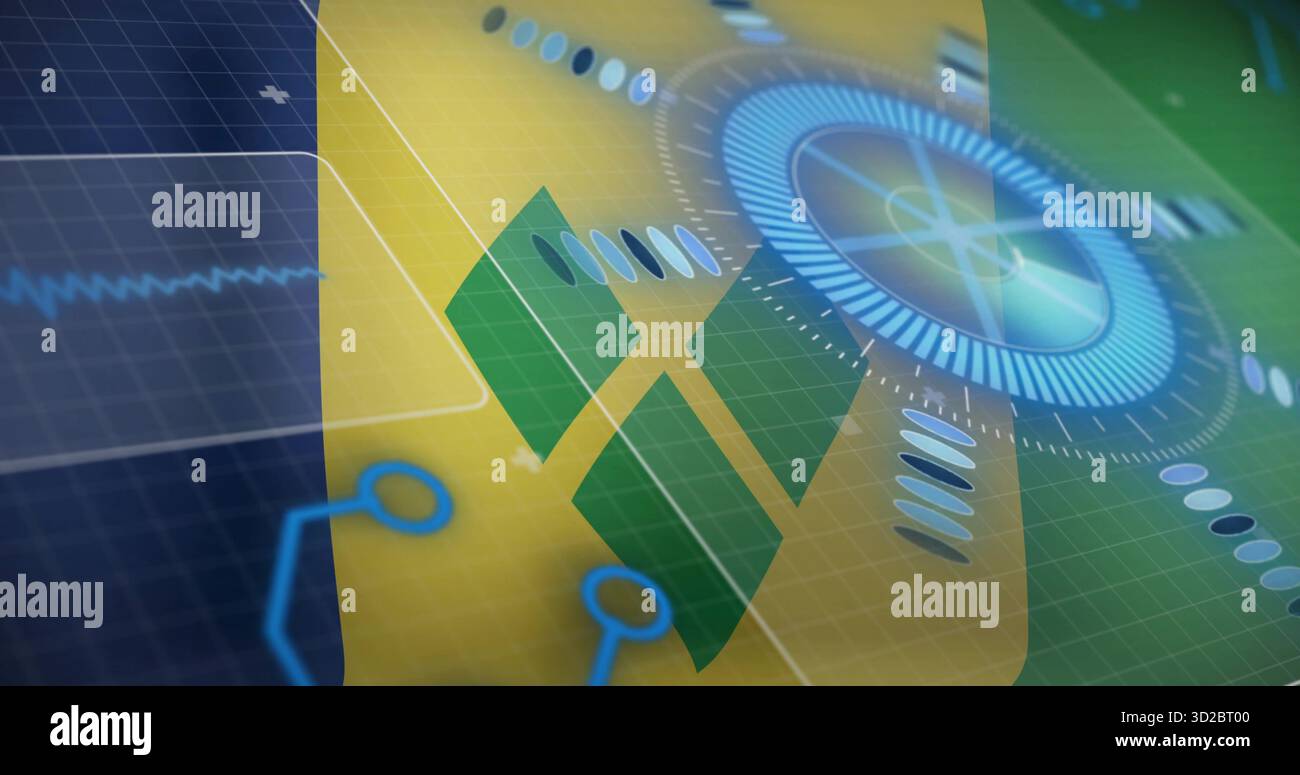 Displaying circular HUD interface rotating in virtual grid with heartbeat waveform and data windows Stock Photo