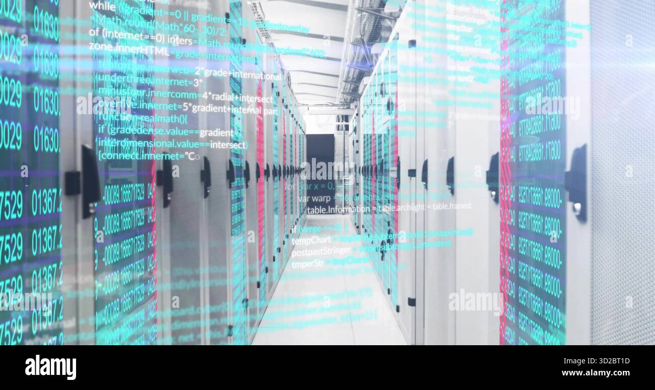 Displaying server rack aisle running through data center, with LED lights and coding overlay Stock Photo