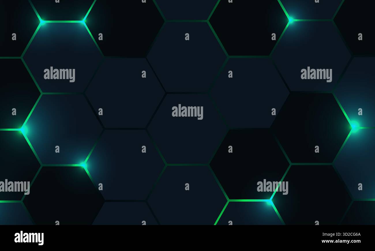 Dark hexagon abstract technology background with green colored bright ...