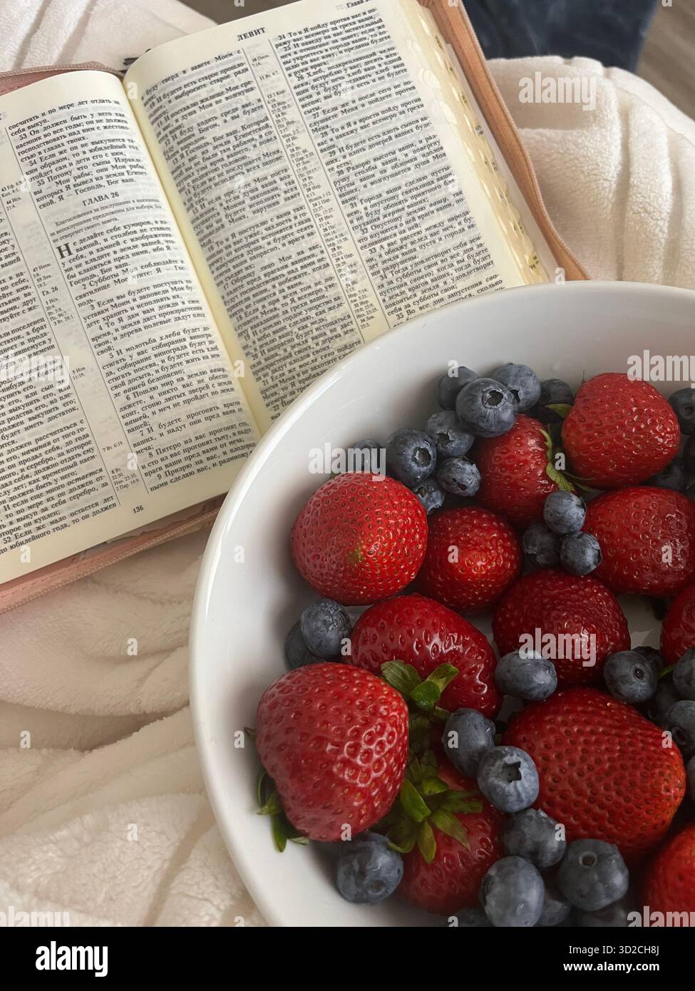 A plate of strawberries and blueberries on a blanket with a Bible - Smartphone Captured Stock Image