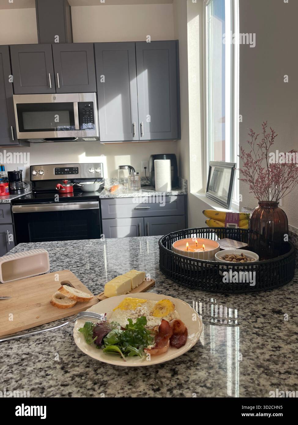 Cozy Homemade Breakfast with Eggs, Bacon and Salad - Smartphone Captured Stock Image