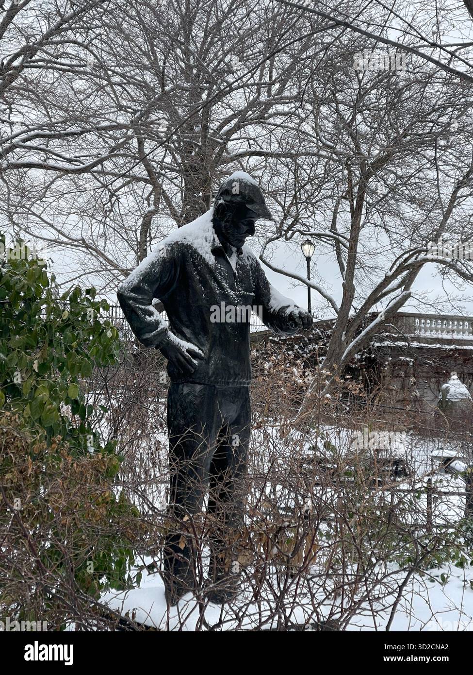 Fred Lebow Statue in Central Park, NYC — honoring the NYC Marathon founder, depicted checking his watch as a symbol of endurance, dedication. - Smartphone Captured Stock Image