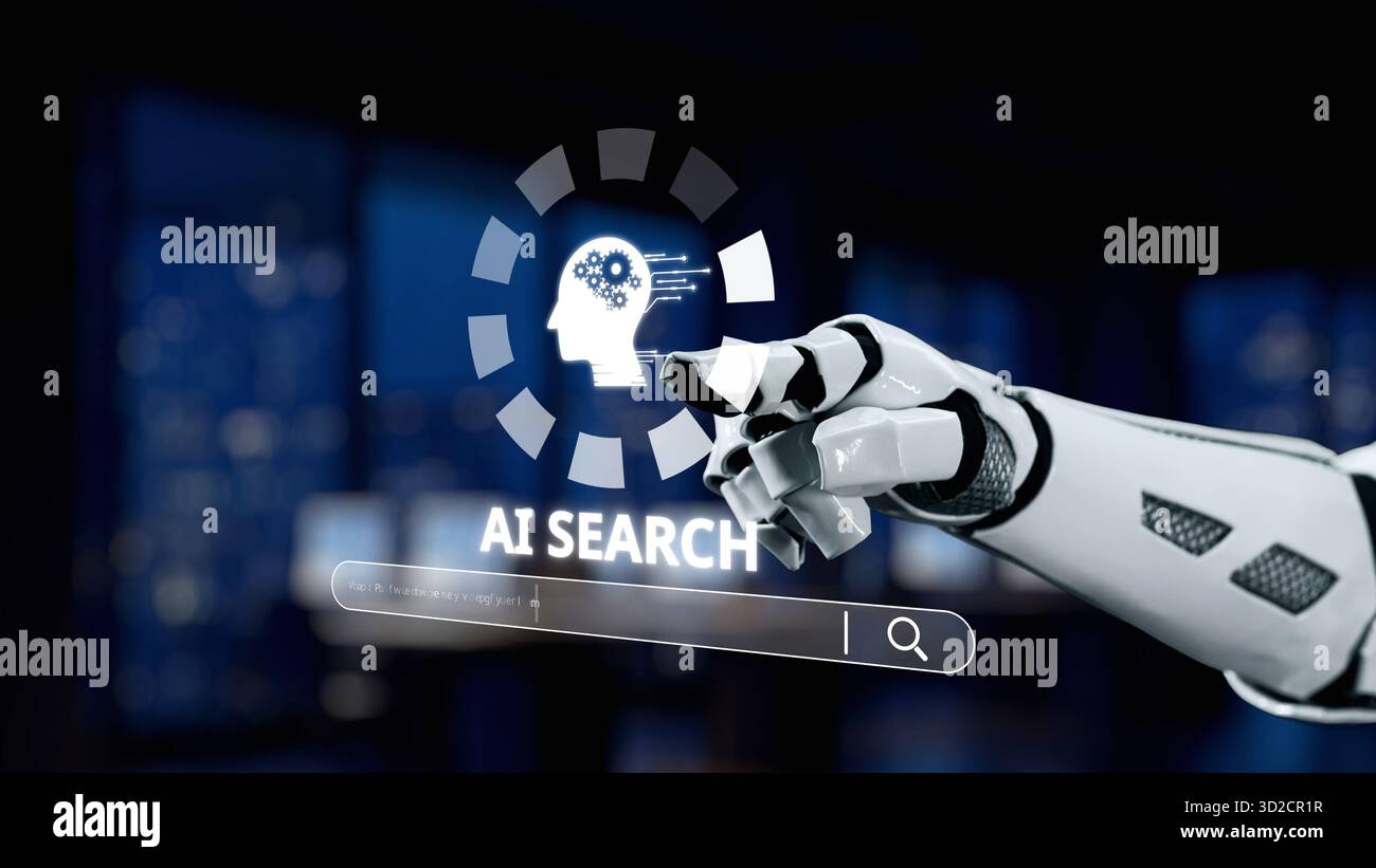 A futuristic robotic hand interacts with an AI search interface ...
