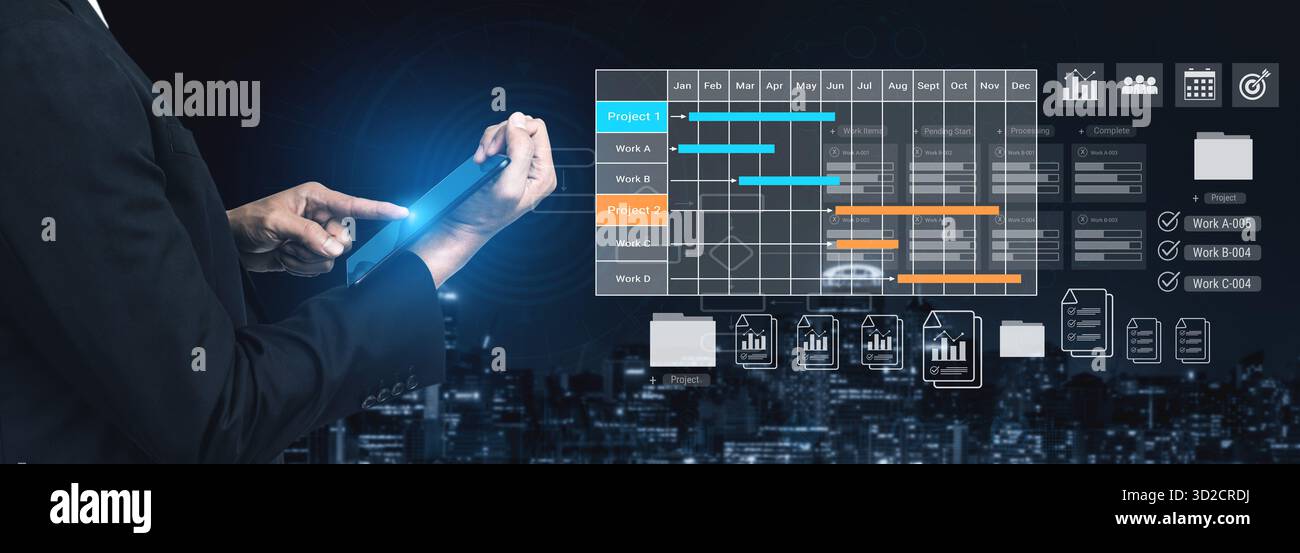 Digital visualization of multiple project timelines with progress tracking, documents, and team collaboration symbols Parse Stock Photo