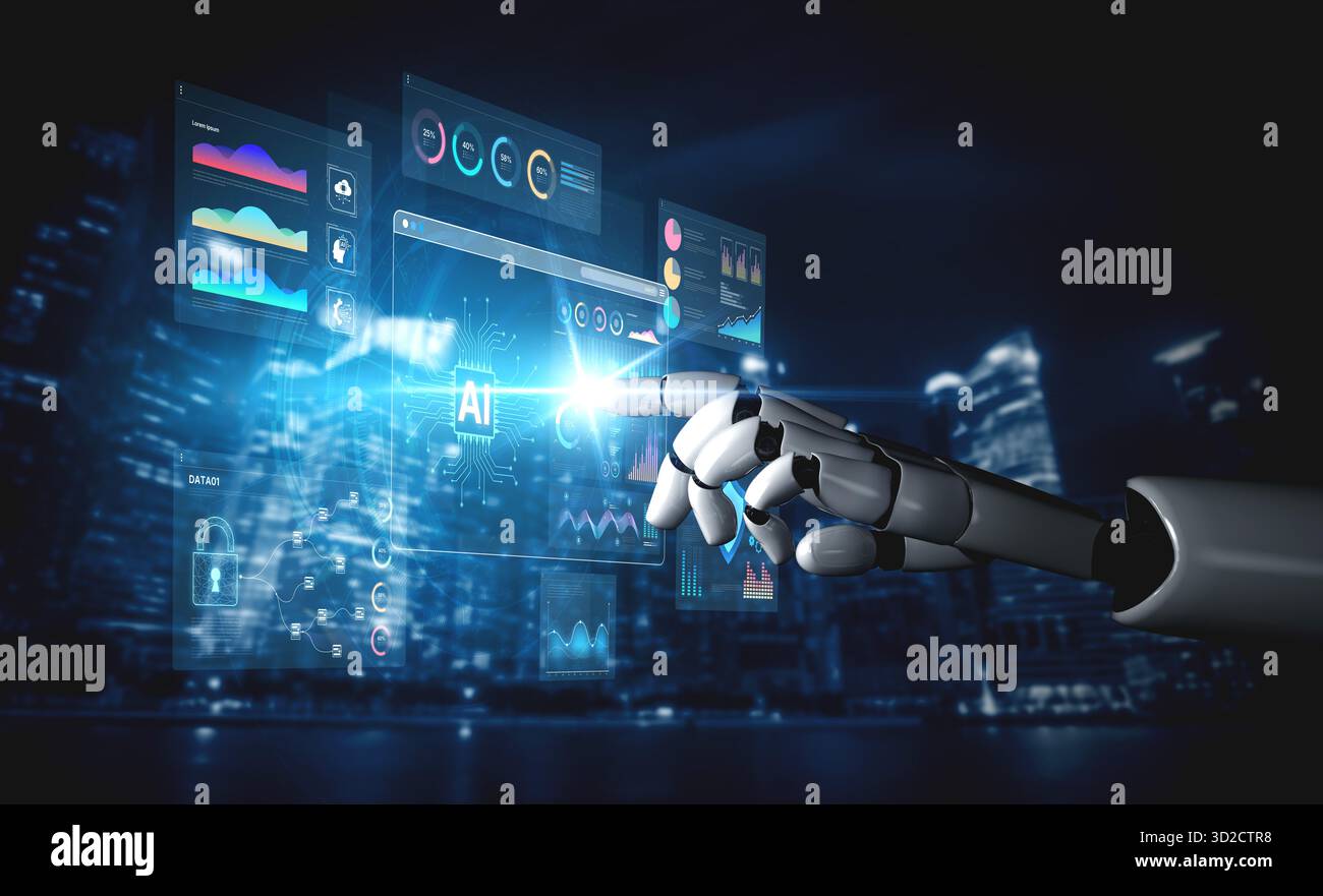 A generative AI assistant creates and manages a business intelligence dashboard. The system provides real-time data analytics, predictive visualizatio Stock Photo