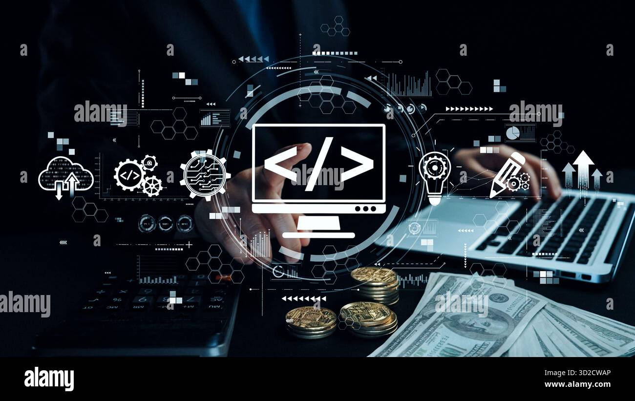 Modern web development concept featuring coding symbols, web ...