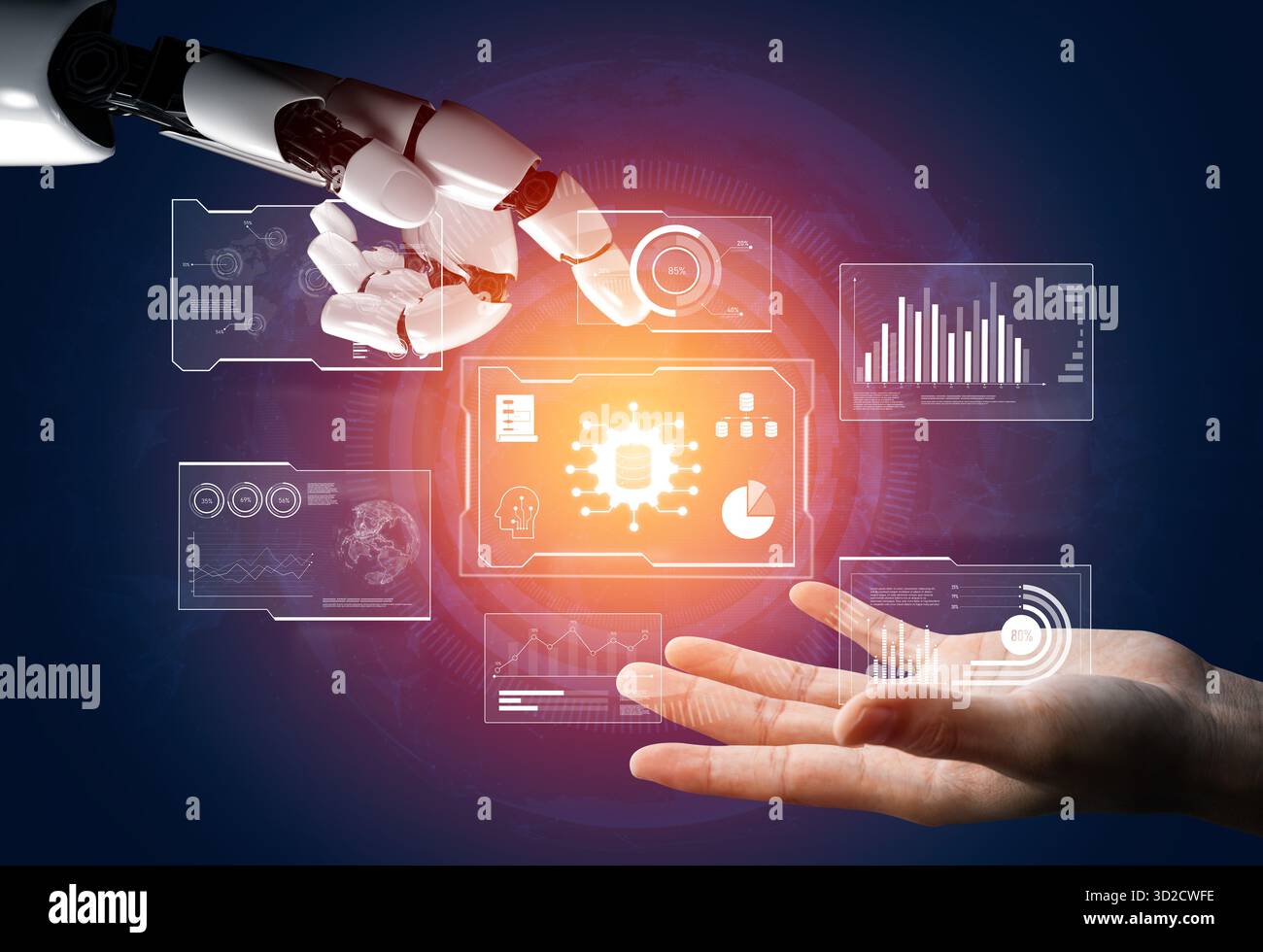 AI reading big data visualization dashboard, analyzing insights, identifying patterns, and generating strategic decisions through automated data inter Stock Photo