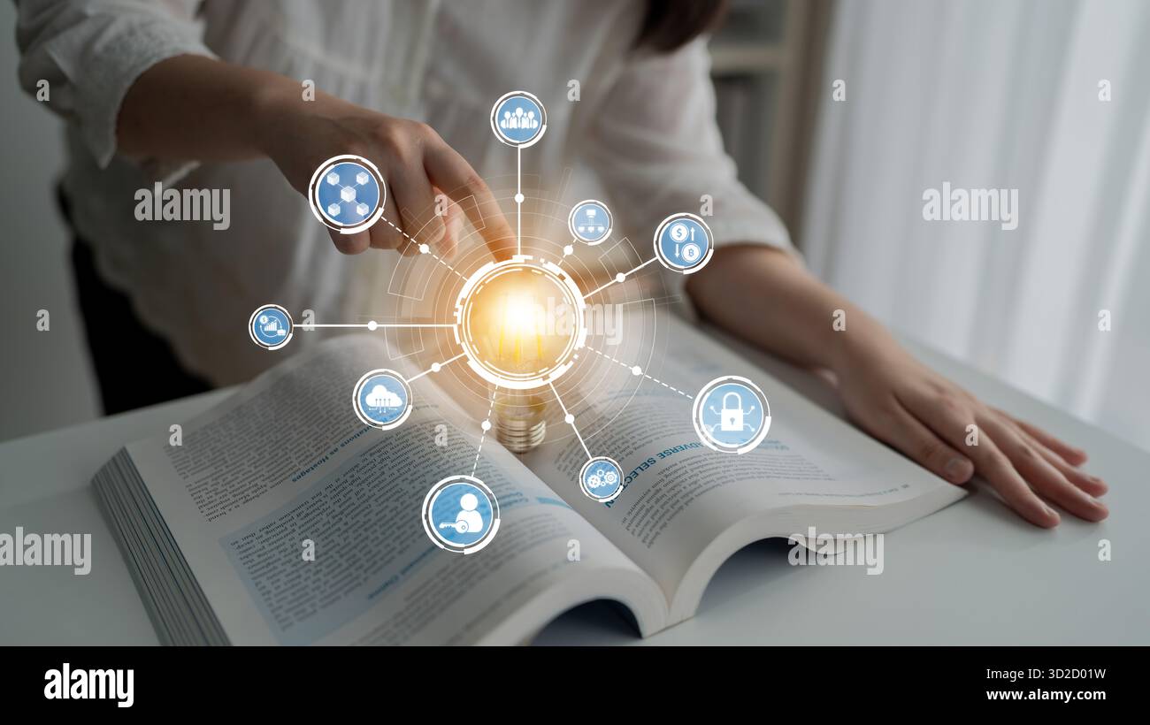 A modern representation of knowledge innovation featuring an open book ...