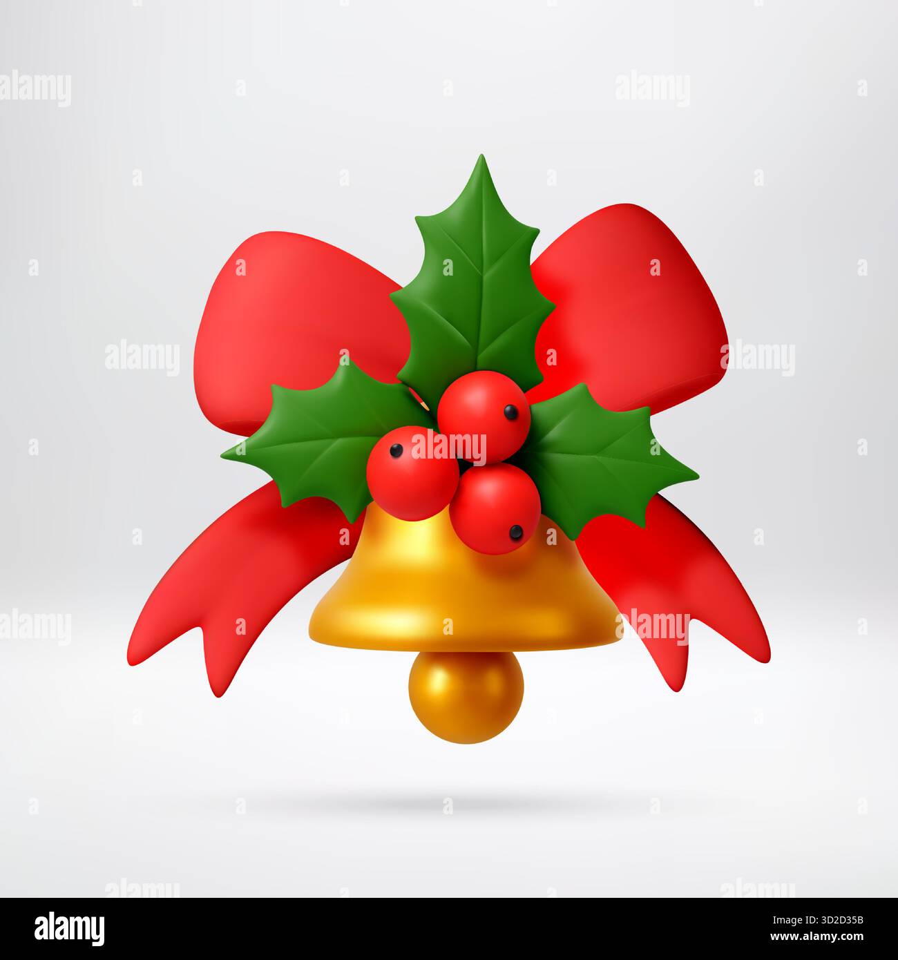 3D Golden Christmas bell with red bow and holly Stock Vector Image ...