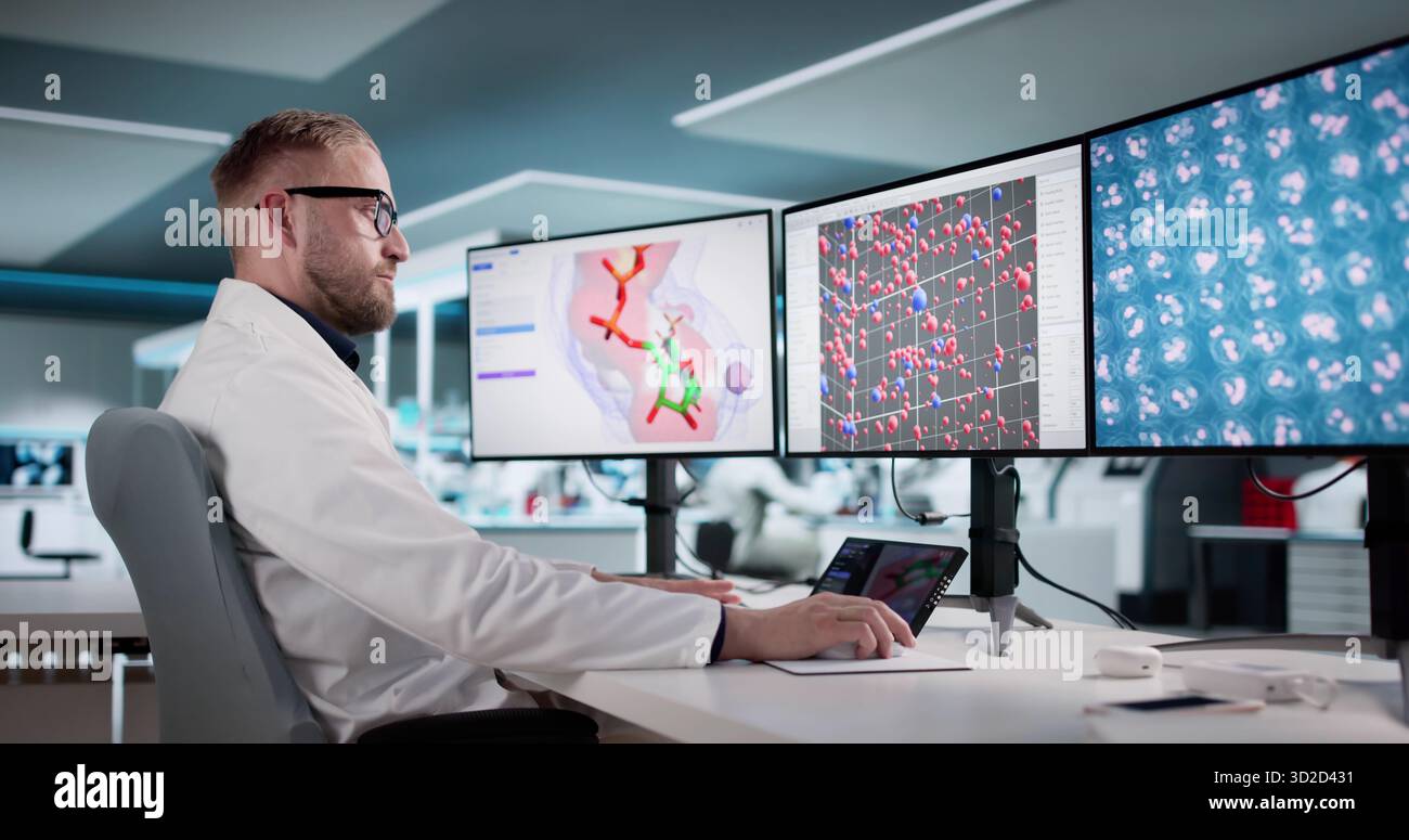 Man Analyzing Protein Structures On Multiple Computer Screens In Lab Possible Professions: Scientist, Researcher Stock Photo