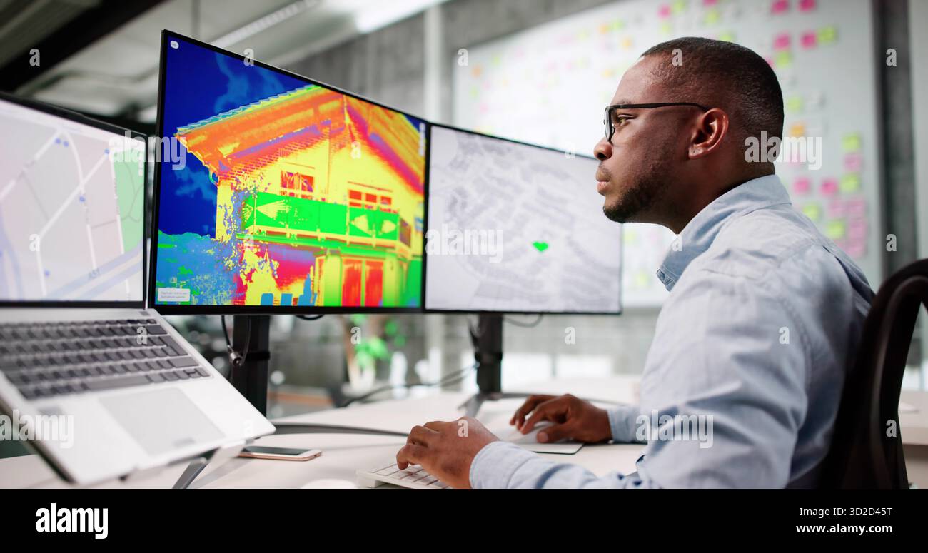 Analyzing Thermal Heat Loss Of Insulated House With Efficiency Analyses. African-American Man Working In Office Stock Photo