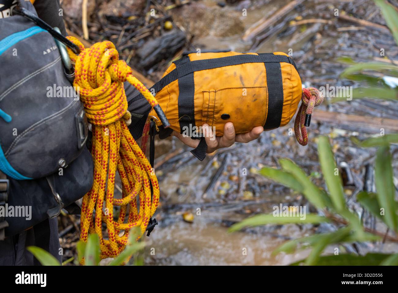 Selective focus, yellow rope rescue bag, riverside, fake flash flood ...