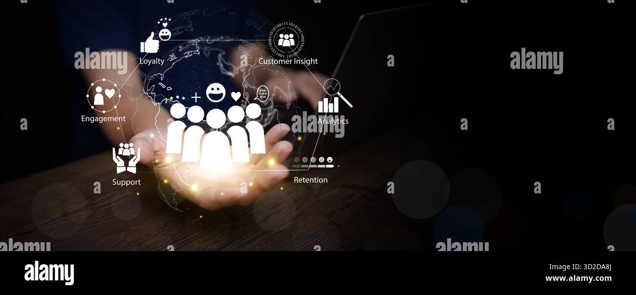 CRM, Customer relationship management and AI analytics concept showing engagement, retention, and support network data visualization for effective dig Stock Photo