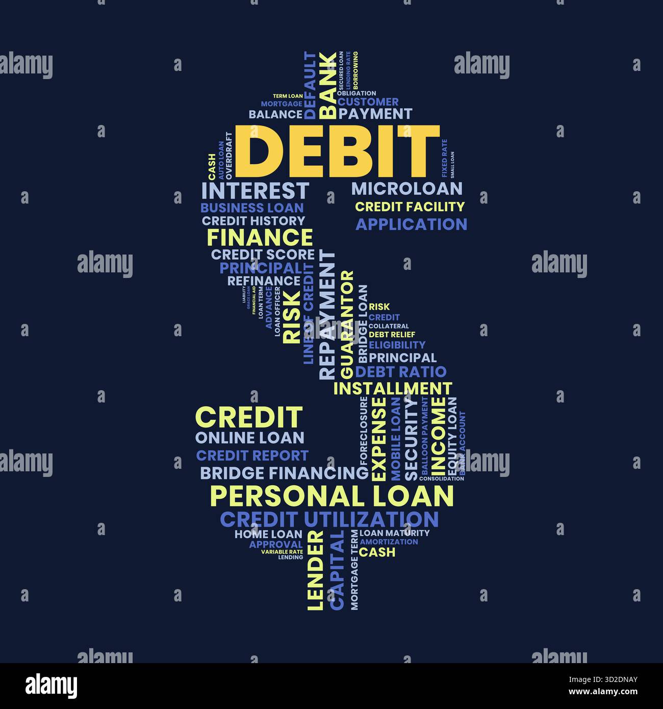 Debit and loan finance word cloud shaped like a dollar sign concept ...