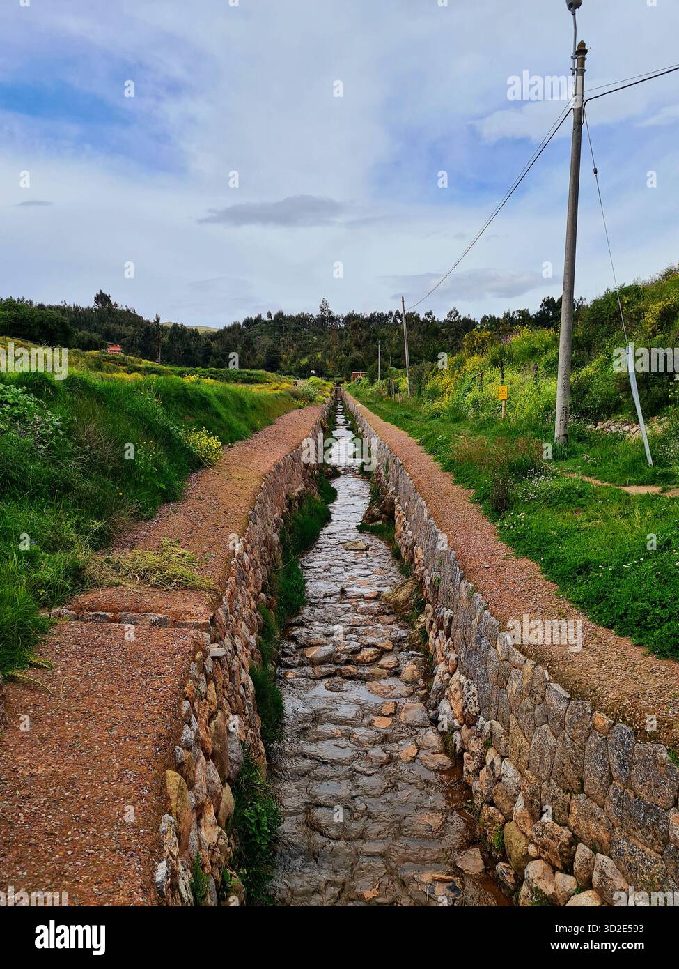 Stone irrigation ditch leading through the hills of Cusco, Peru. - Smartphone Captured Stock Image