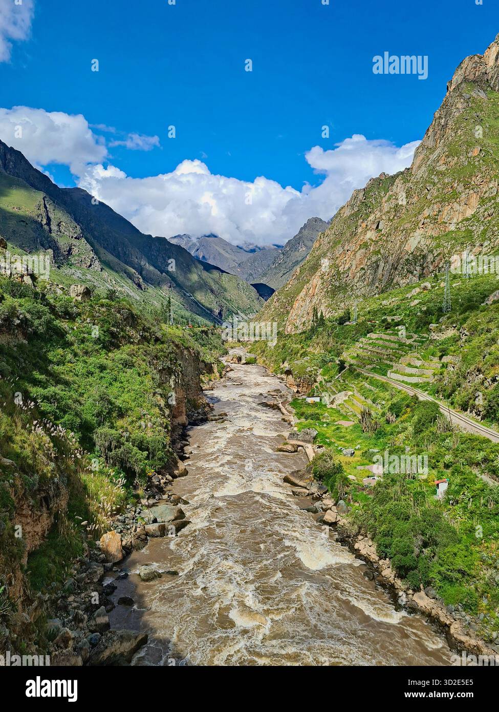 Powerful Urubamba River flowing through a green canyon, Peru - Smartphone Captured Stock Image