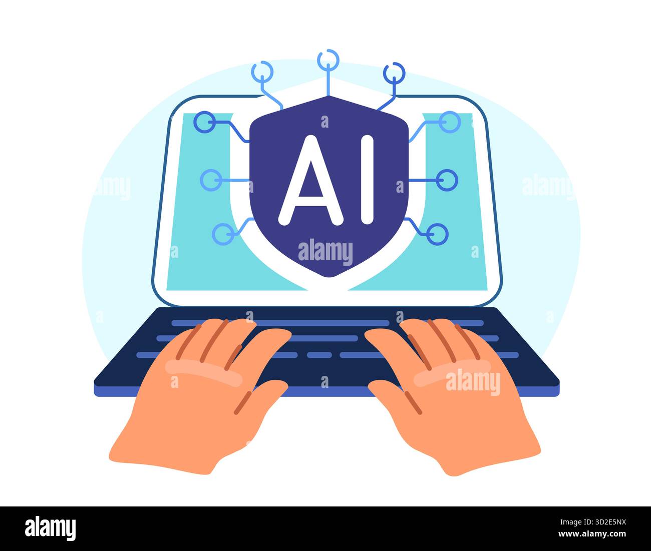 AI cpu microchip on laptop screen. Person uses artificial intelligence technology in work Stock Vector