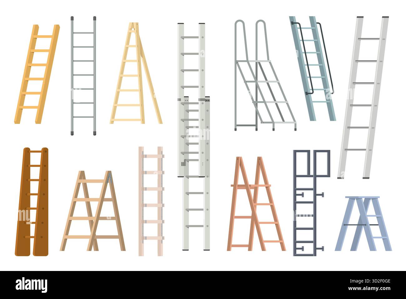 Cartoon step ladders. Different types wooden and metal staircases, home ...