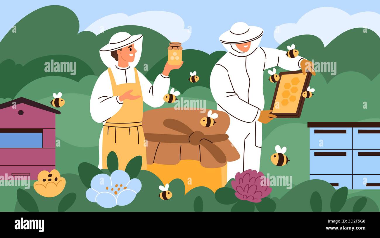 Beekeepers work. People in uniform at apiary, collecting honey, caring ...