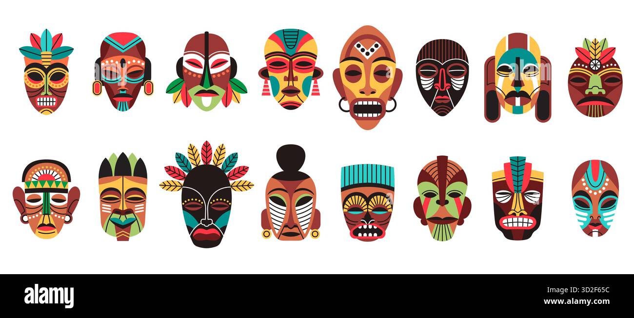 Cartoon african masks. Traditional tribal elements, decorative ...