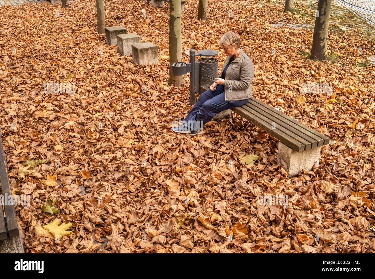 Rentnerin sitzt auf einer Parkbank, Herbstlaub bedeckt den Boden