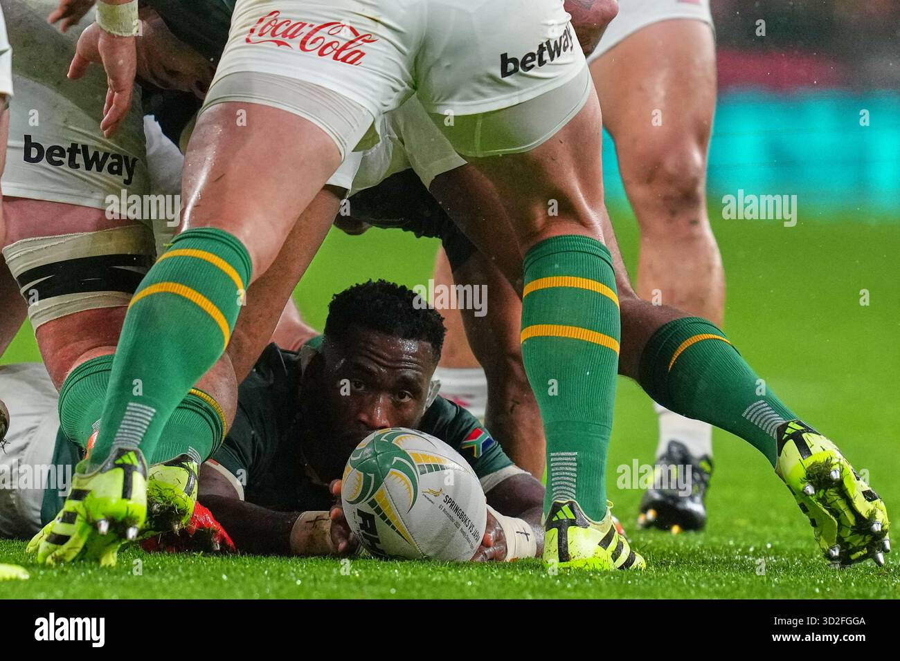 South Africa's Siya Kolisi saves the ball during the rugby union ...
